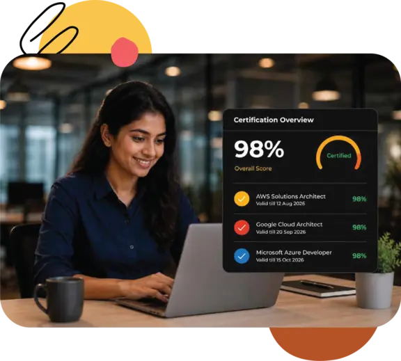 Professional reviewing employee certification overview with overall score and credential status