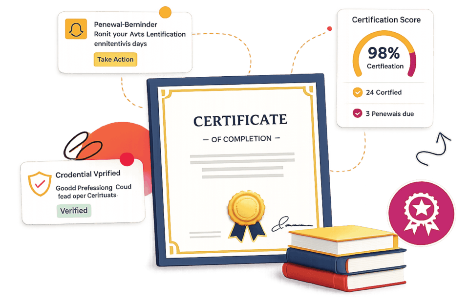 Certification management dashboard with renewal reminders, verification status, and certification score insights